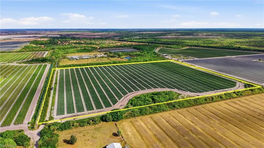 Aerial view of sparsely populated area featuring farmland and property boundaries highlighted