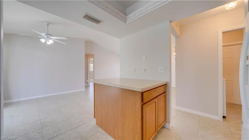 kitchen peninsula and dining area