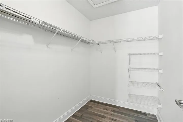 Spacious closet featuring dark wood-style flooring and attic access