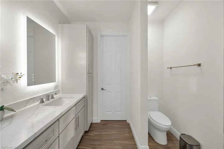 Bathroom with toilet, vanity, and wood finished floors
