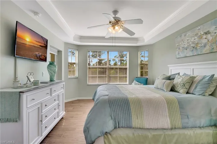 Bedroom featuring multiple windows, ceiling fan, and a tray ceiling