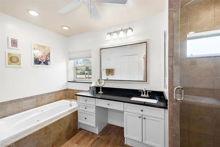 Bathroom featuring vanity, dark wood-style floors, a shower stall, and a garden tub