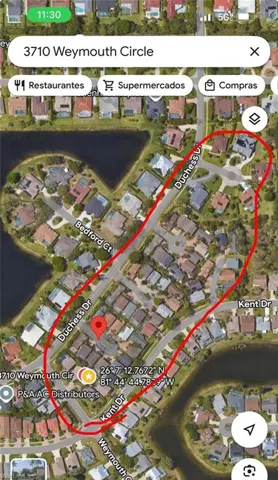 Map Image. Displaying the geographic location of the property at 3710 Weymouth Circle with surrounding residential structures and waterways