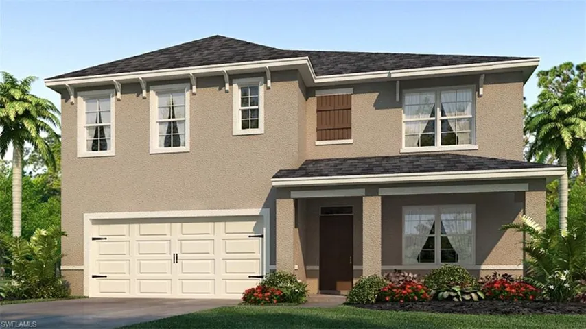 View of front facade with a garage, stucco siding, concrete driveway, a porch, and roof with shingles