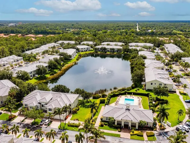 Birds eye view of property with a water view