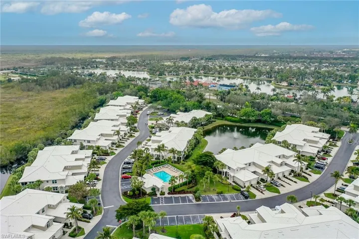 Aerial view of residential area featuring a nearby body of water