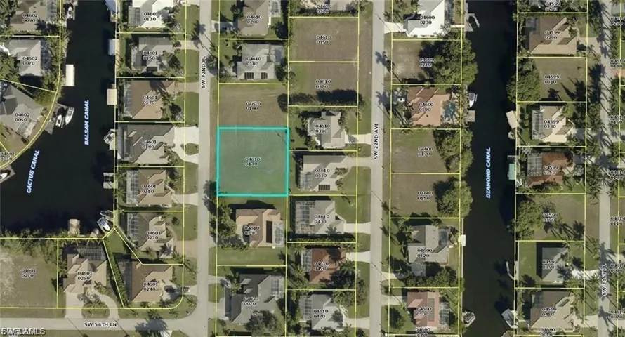 Aerial overview of property's location featuring property boundaries highlighted