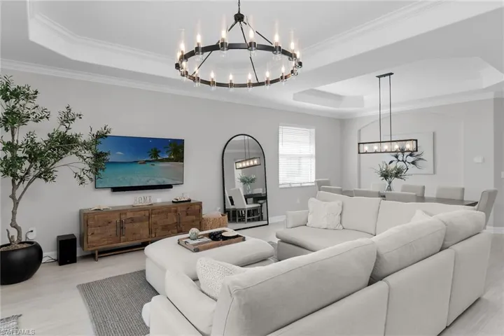 Living room featuring suspended lighting, a raised ceiling, wood finished floors, and crown molding