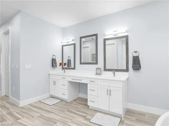 Bathroom with wood-type flooring and vanity