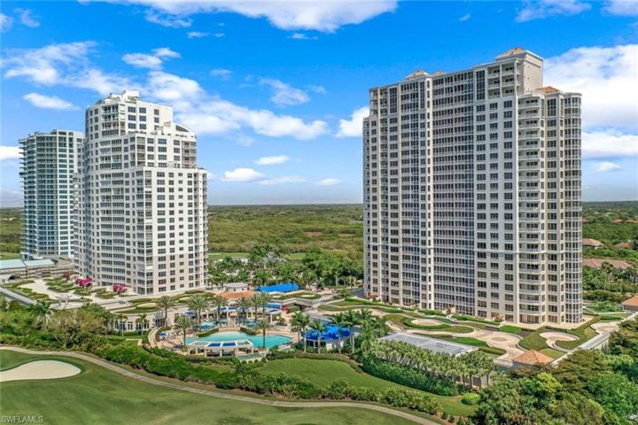 View of the back of the Esperia and Seaglass high-rises and their amenity center in between.