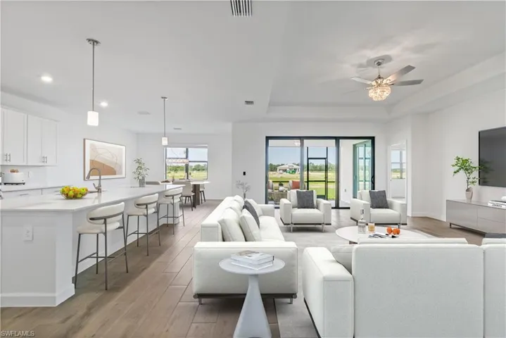 Living room with a tray ceiling, hardwood / wood style flooring and ceiling fan