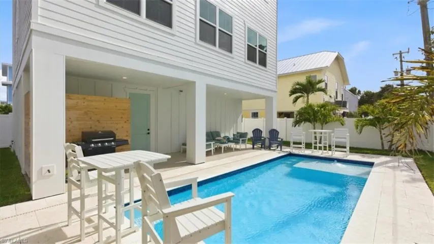 Back of property with a patio area, board and batten siding, a fenced backyard, and an outdoor pool- Virtually Edited
