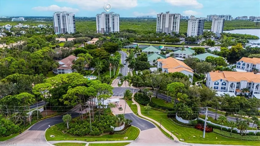 Aerial view of the gated entryway to the community
