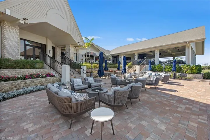 Clubhouse outdoor seating w/firepit tables