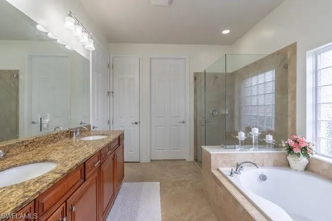 Bathroom featuring a healthy amount of sunlight, shower with separate bathtub, tile patterned flooring, and vanity