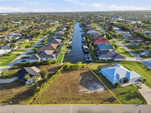Aerial perspective of suburban area and canal view