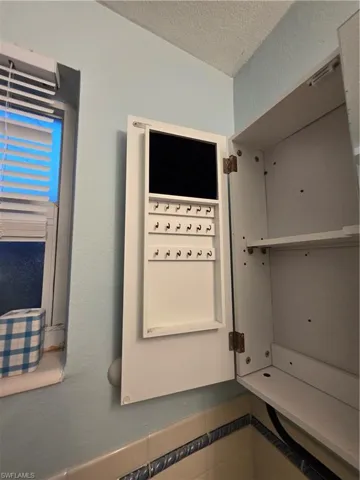 Mirrored medicine cabinet with lady's necklace & earring area
