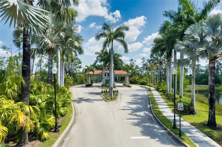 View of palm tree lined community entrance with privacy gates