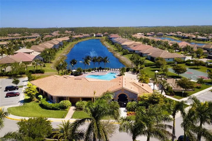 Bird's eye community view with large lake