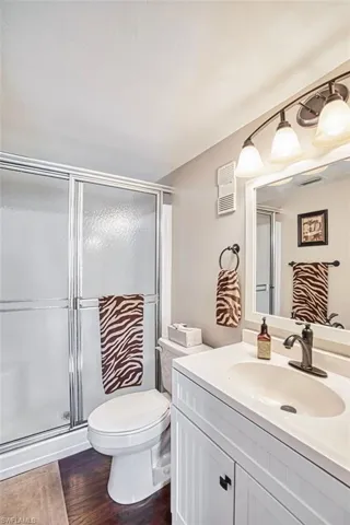Bathroom featuring vanity, a stall shower, and dark wood-type flooring