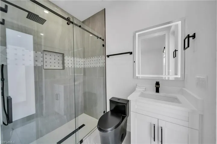 Full bath with vanity and a shower stall