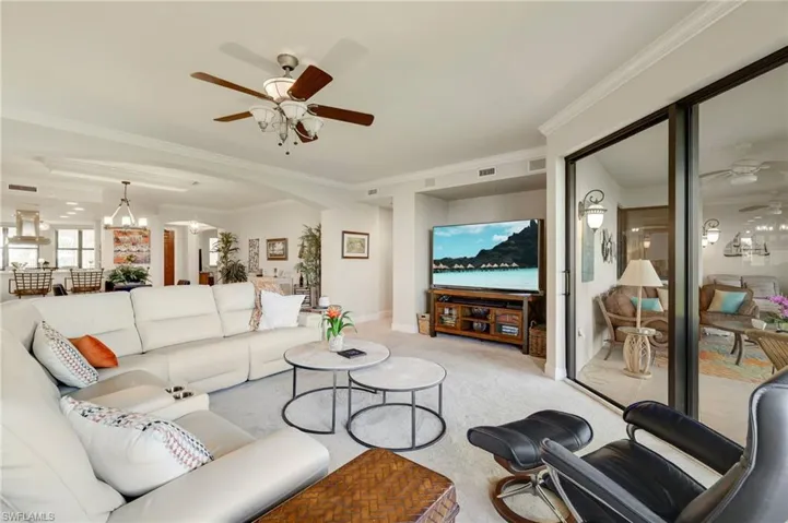 Living Room featuring crown molding, 9' ceilings and spectacular views.