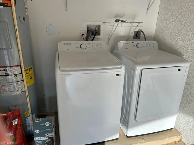 Laundry room with washing machine and dryer, hookup for an electric dryer, electric water heater, and washer hookup