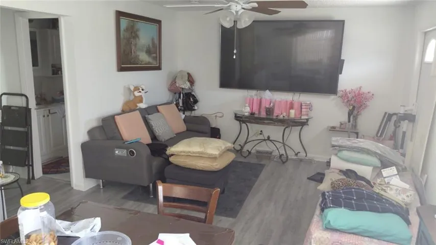 Living room with wood finished floors and a ceiling fan
