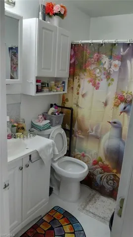 Bathroom with vanity, toilet, and a shower with curtain