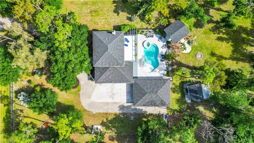 Bird's eye view of a pool and property
