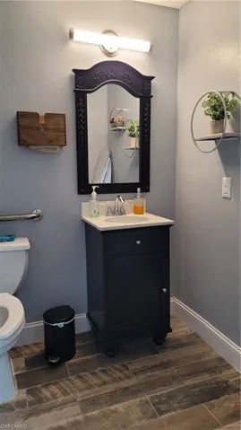 Bathroom with vanity, wood-type flooring, and toilet