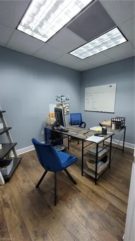Office area with hardwood / wood-style flooring and a drop ceiling
