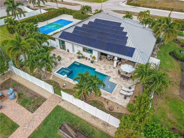 View from above of property with a pool area