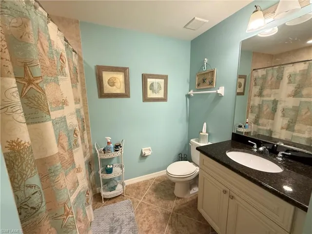 Bathroom with vanity, curtained shower, and dark tile patterned flooring