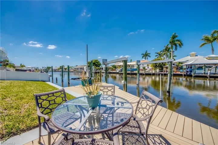 View of dock with a water view and a lawn