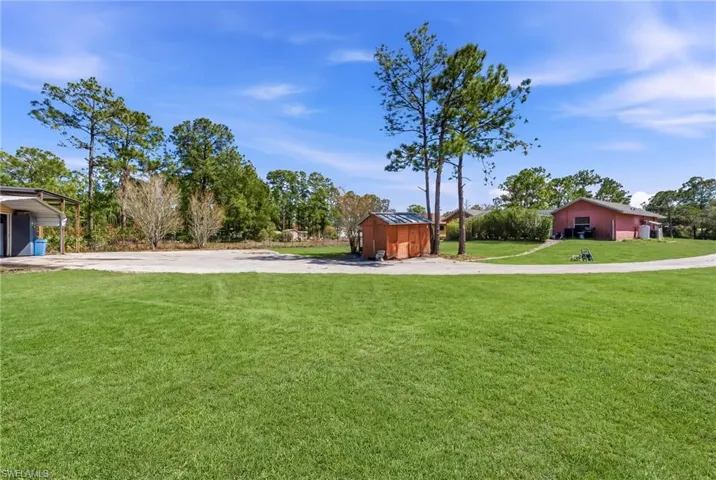 View of green lawn with a shed and driveway