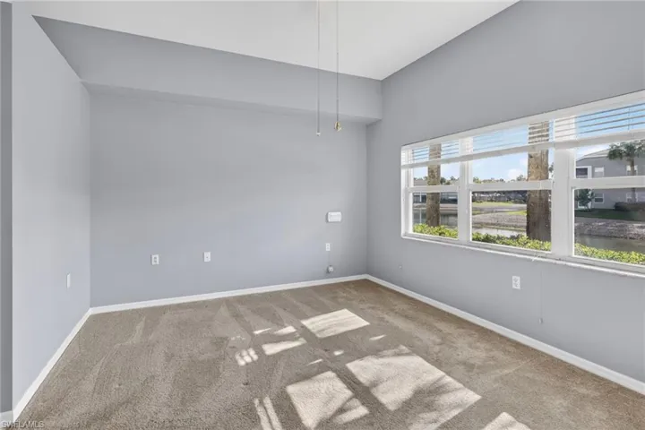Bright interior space featuring a multi-pane window, neutral carpet, light gray wall paint, white trim, and a high ceiling