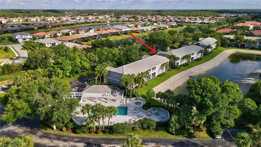 Aerial highlighting the property's proximity to the community pool area