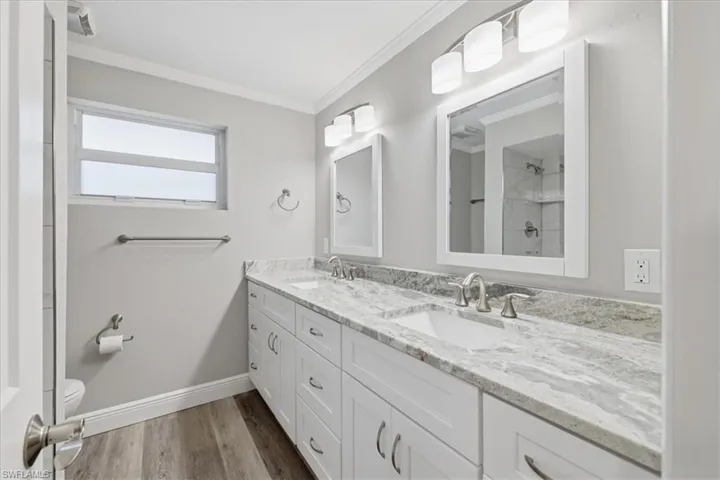 Full Guest bath with crown molding, double vanity, a shower, and dark wood-style flooring