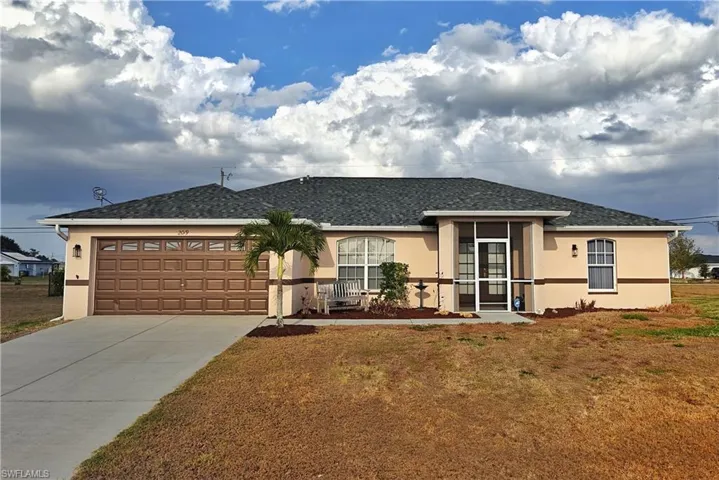 View of front facade with roof with shingles, a garage, a front lawn, concrete driveway, and stucco siding