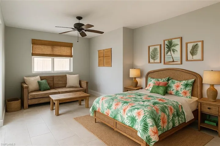 Bedroom with ceiling fan and tile patterned floors - Virtually staged