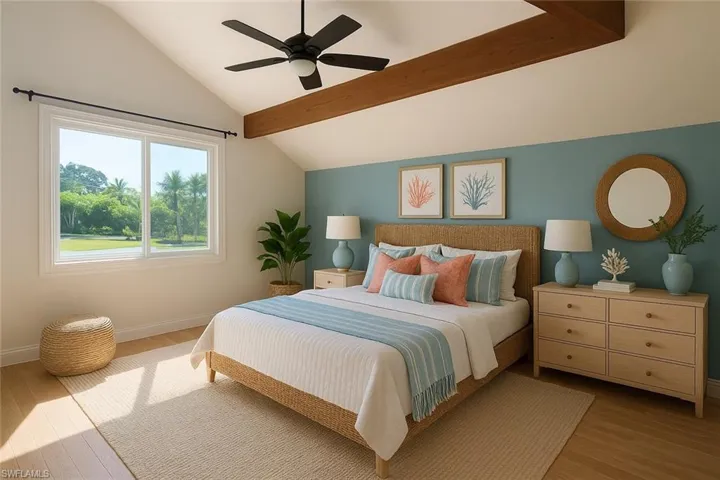 Bedroom with light wood finished floors and ceiling fan