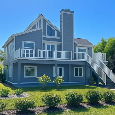 Front of house featuring a yard, stairs, and a chimney