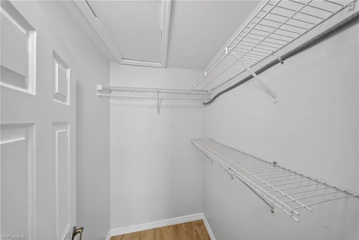 White walk-in closet featuring wire shelving, a hanging rod, wood-finish flooring, and a white paneled door