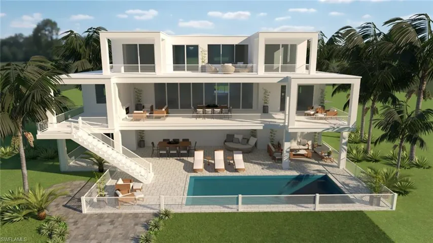 Rear view of house with stairs, an outdoor pool, an outdoor hangout area, a balcony, and a patio