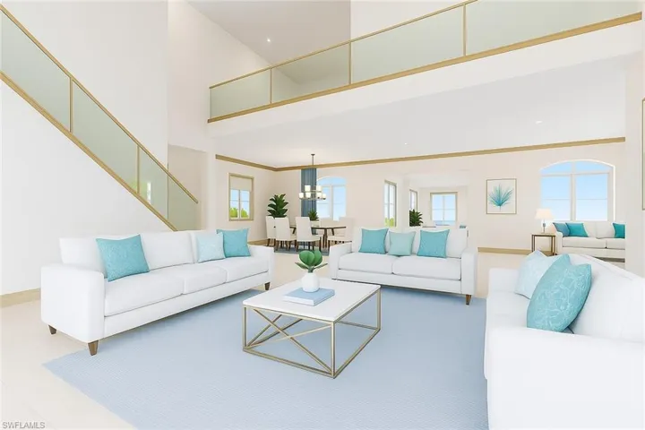 Virtually Staged:Living room with a towering ceiling and ornamental molding