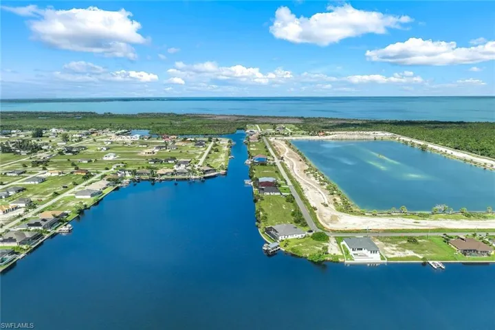 Birds eye view of property with a water view