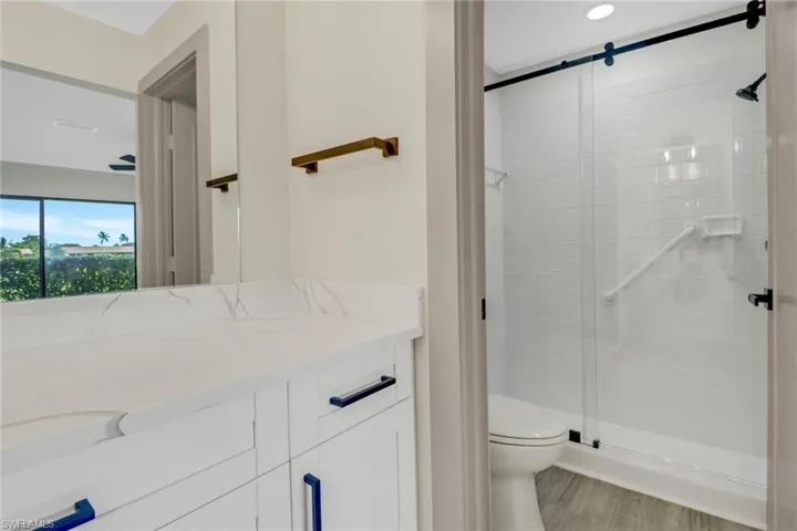Bathroom featuring walk in shower, wood-type flooring, toilet, and vanity