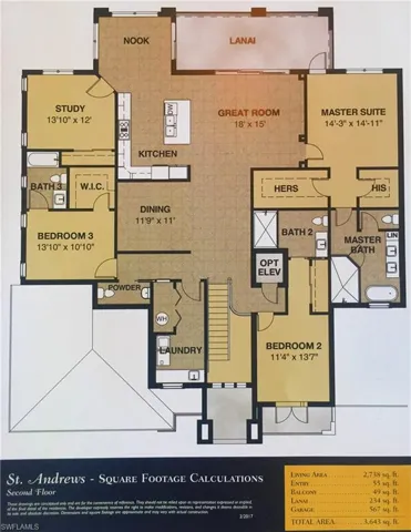 Spacious St Andrews model at Signature Club.  2738 SF under air.  3 Bedrooms Den, 3 full en-suite baths, powder room, laundry room 2+car garage.