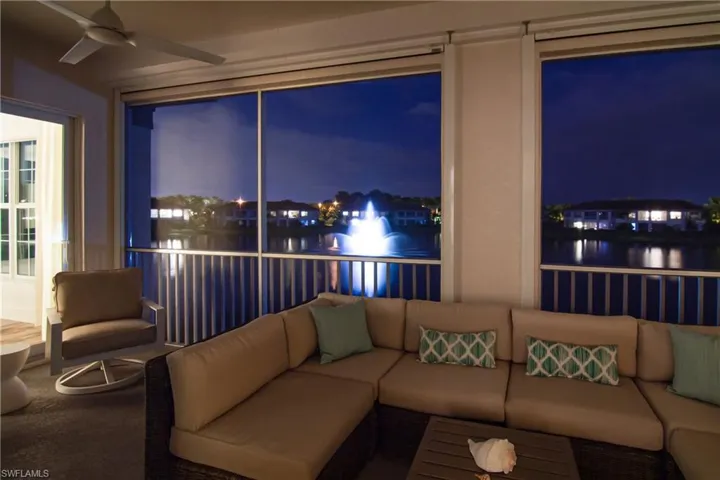 Evening shot of lighted fountains.